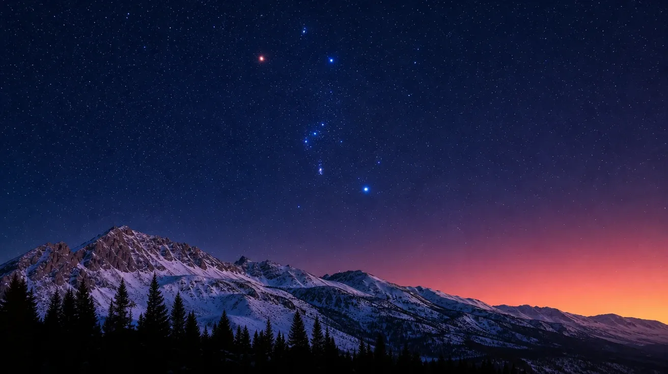 AI-generated star image: Orion constellation rising over a snowy Sierra mountain ridge in winter twilight.