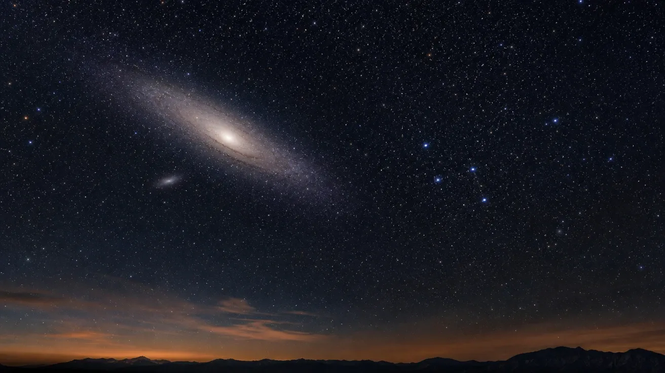 AI-generated star image: Andromeda Galaxy in a wide-field autumn sky surrounded by Cassiopeia stars.
