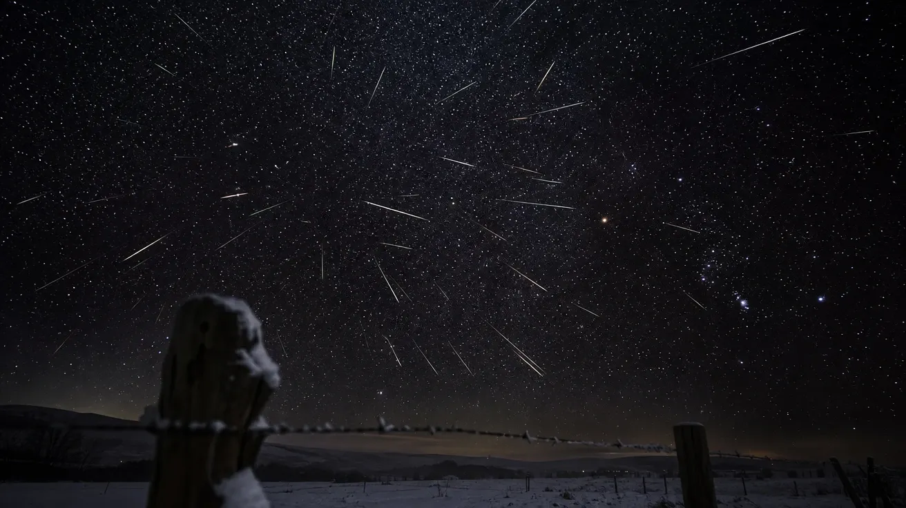 AI-generated star image: Geminid meteor shower streaks across a winter Orion sky over a snowy fence.