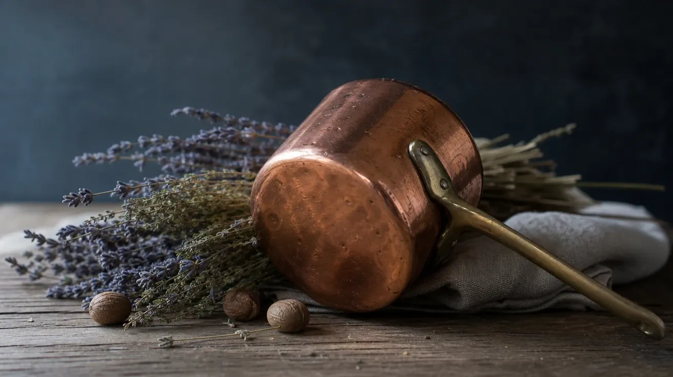 Copper sauce pot with dried herbs on weathered oak at north-window light, AI-generated still life images stock.