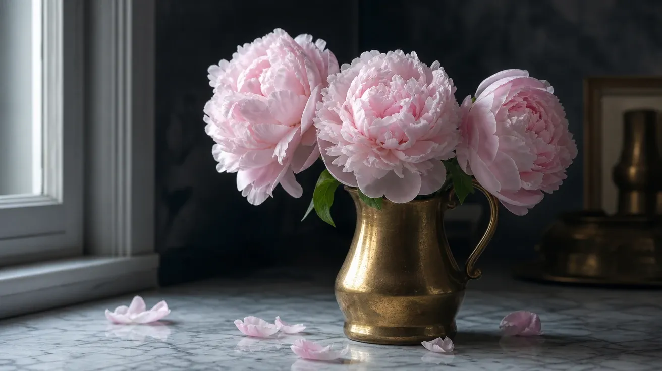 Pale-pink peonies in a polished brass pitcher on Carrara marble at morning, AI-generated still life images.