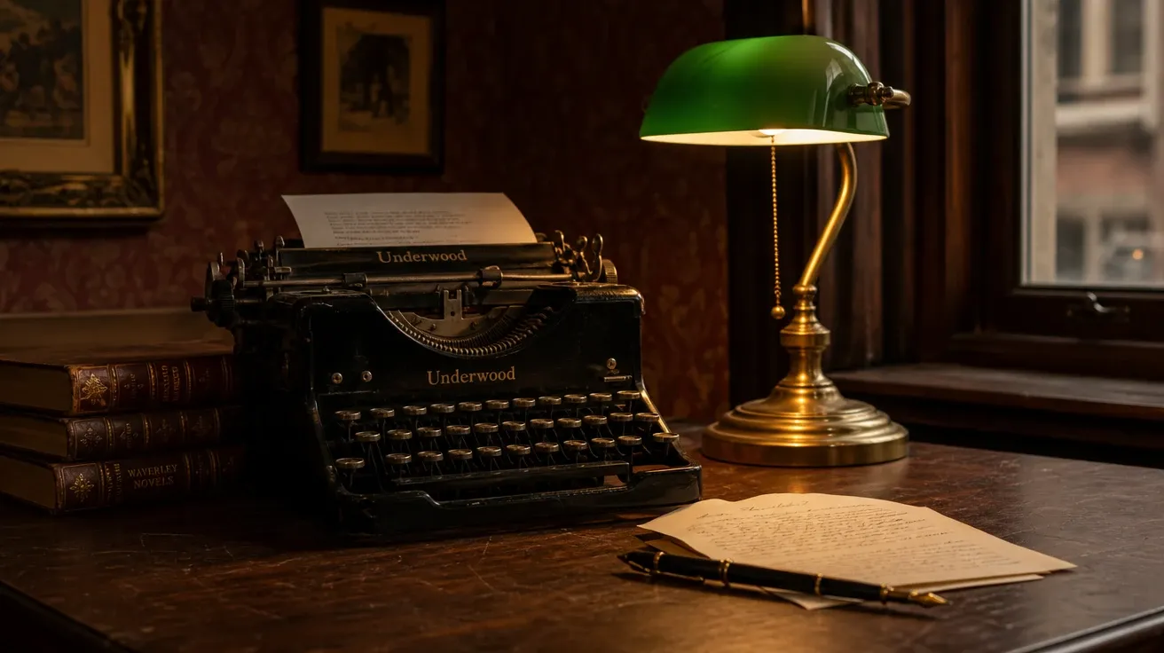 Vintage typewriter and brass desk lamp with antiquarian books on a dark walnut desk, AI-generated still life images.