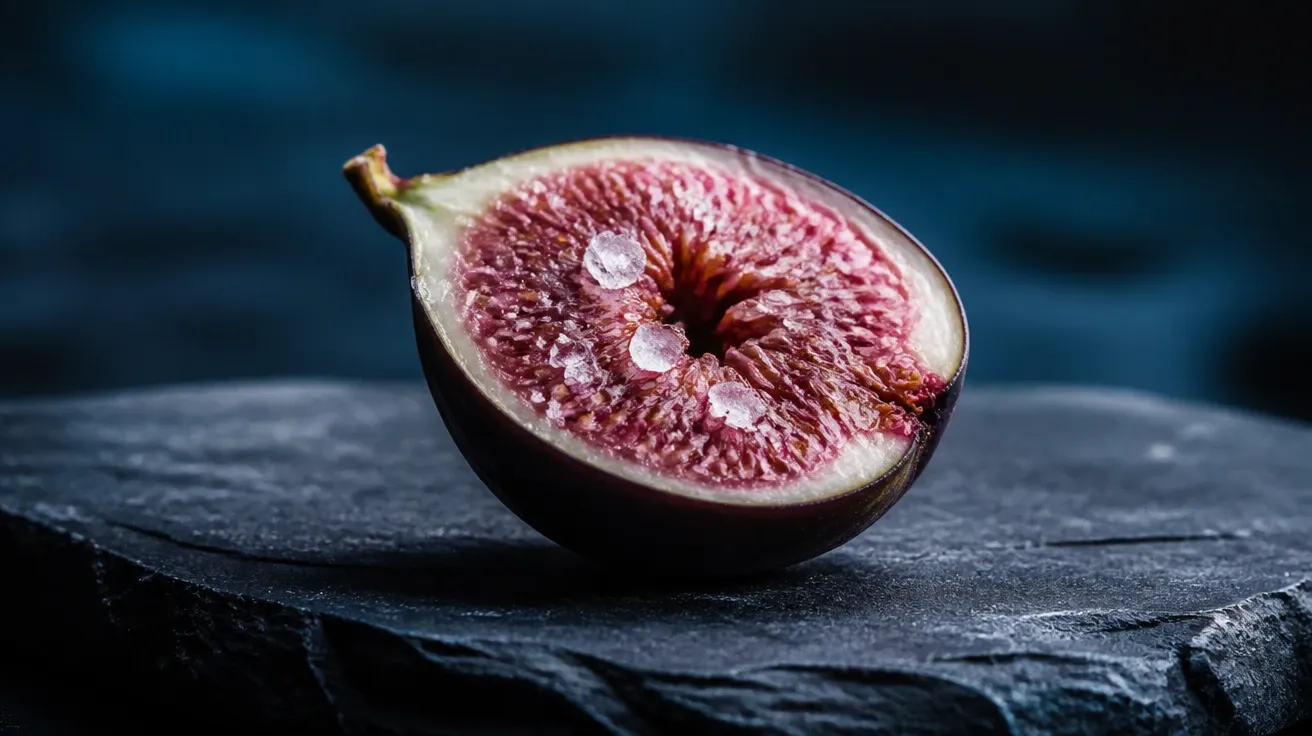 Macro close-up of a sliced black fig with sea salt on rough-cut slate at dusk, AI-generated still life images.