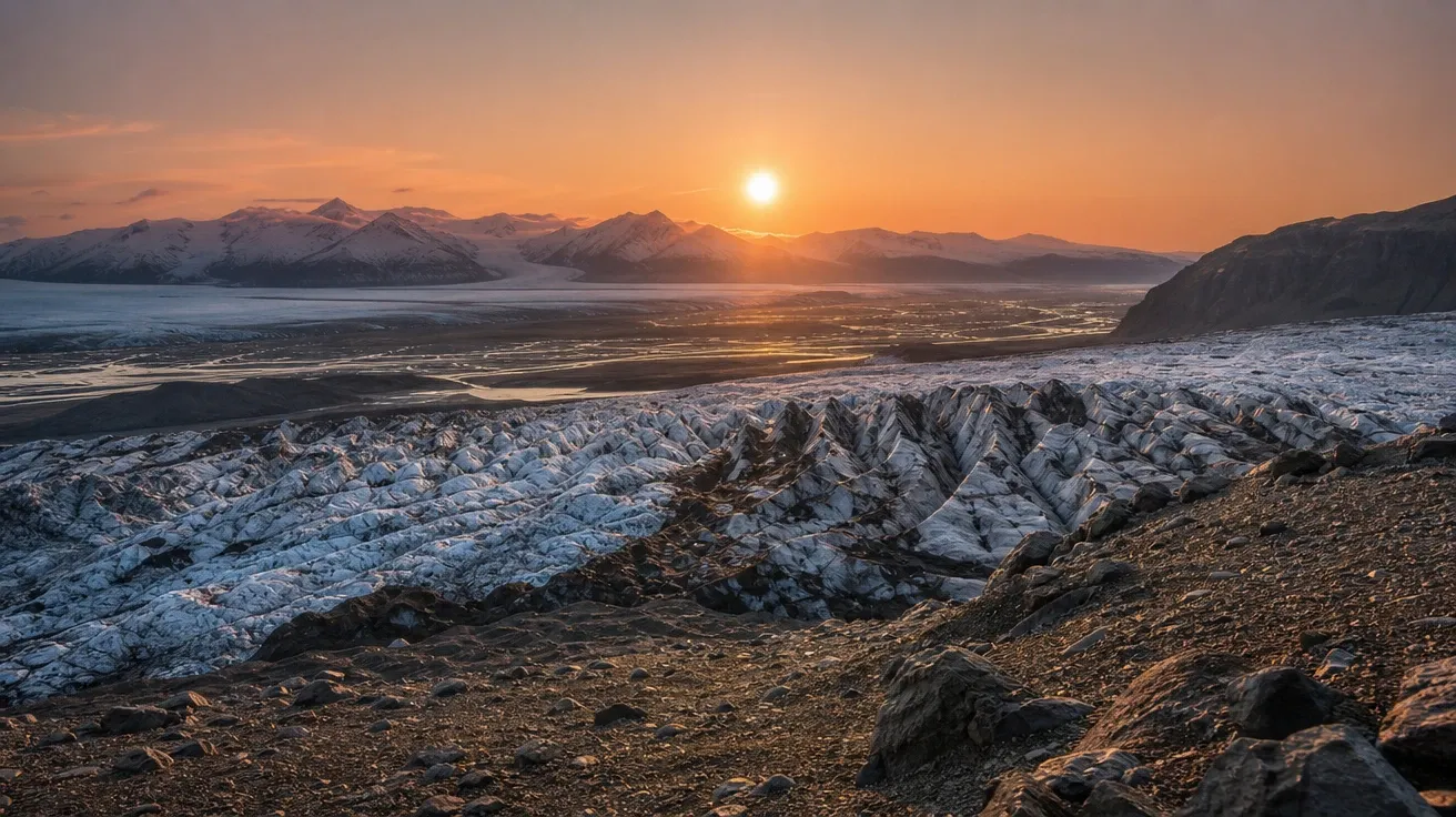 Pale-gold disc of the midnight sun low above an Icelandic glacial plain and ridge, AI sun stock photo.