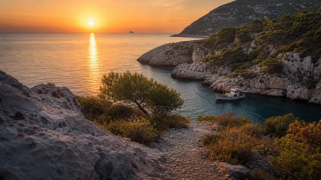 Bright golden-hour sun low above a Mediterranean sea with limestone cliffs and fishing boat, AI sun stock photo.