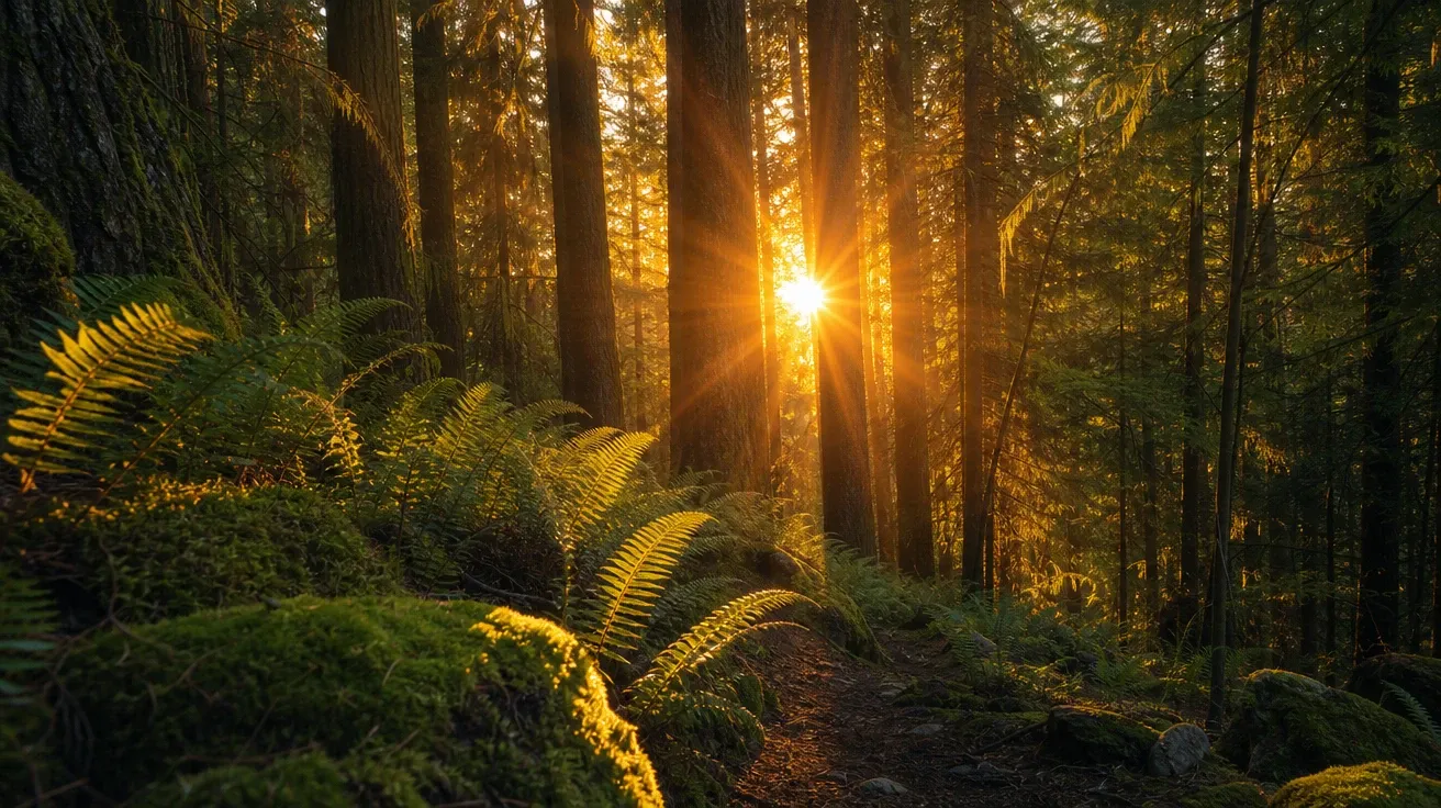 Bright sun visible low between pine trunks with golden shafts through mist, AI sun stock photo.