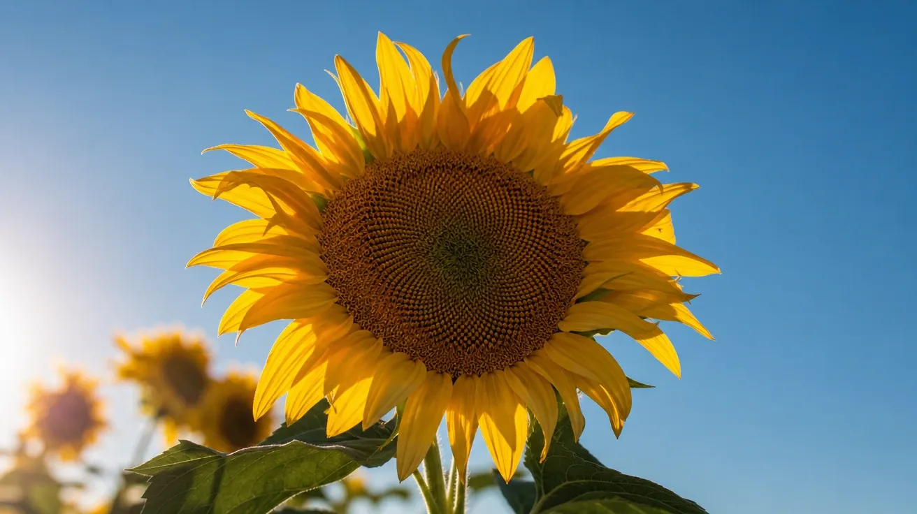 Single sunflower backlit against a clear blue summer sky, golden petals with rim light. AI sunflower stock photo.