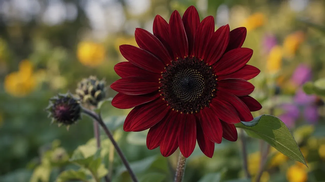 Deep-burgundy Moulin Rouge sunflower in bloom against a soft garden background. AI sunflower stock photo.