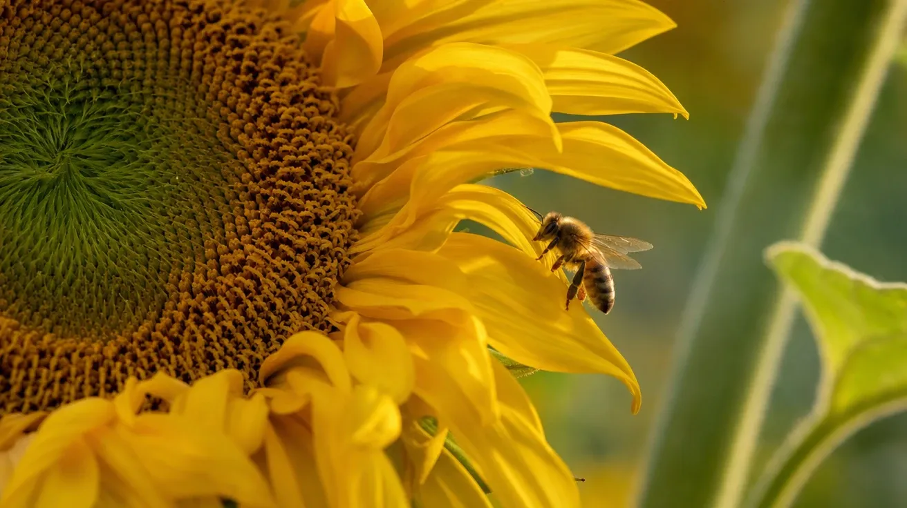 Tight close-up of a sunflower with a honeybee mid-landing on a curling petal. AI sunflower stock photo.