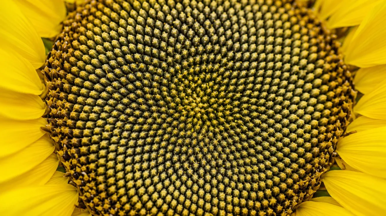 Extreme macro of the seed spiral on a mature sunflower disk, Fibonacci pattern. AI sunflower stock photo.