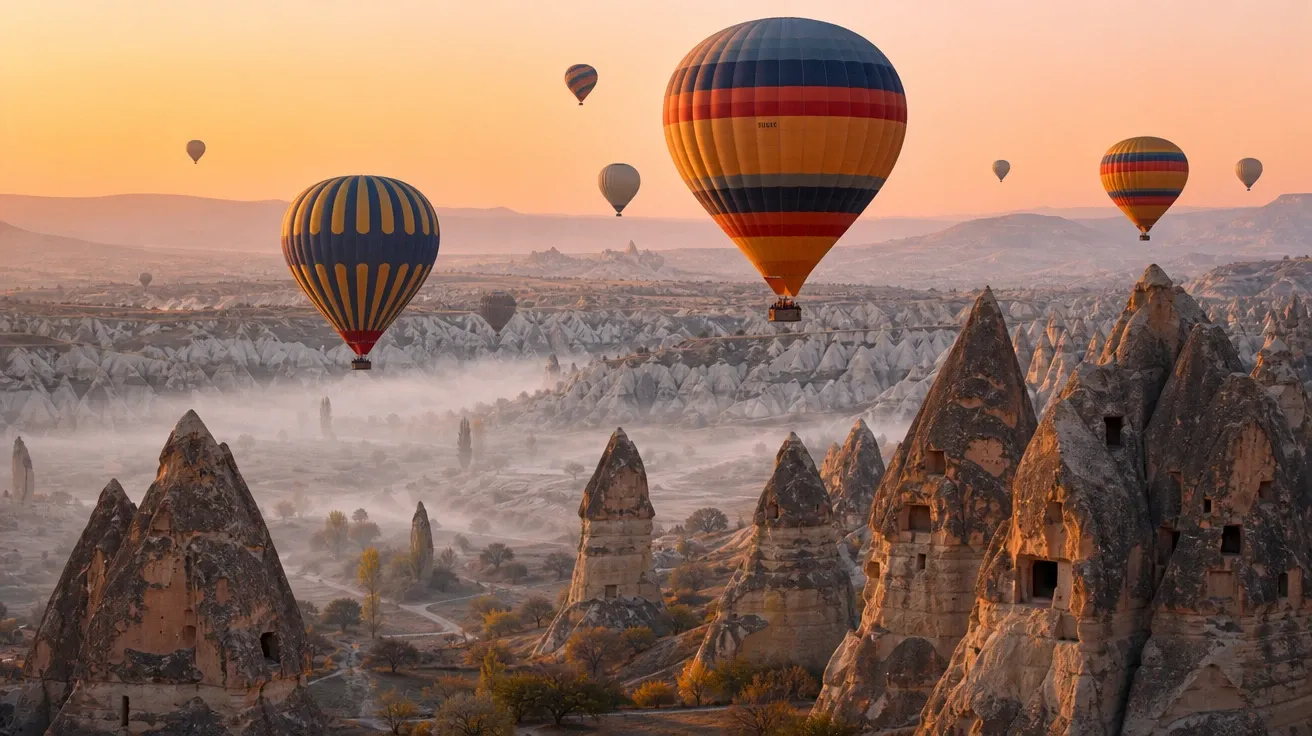 Hot-air balloons rising over Cappadocia at first gold light, AI-generated sunrise images.