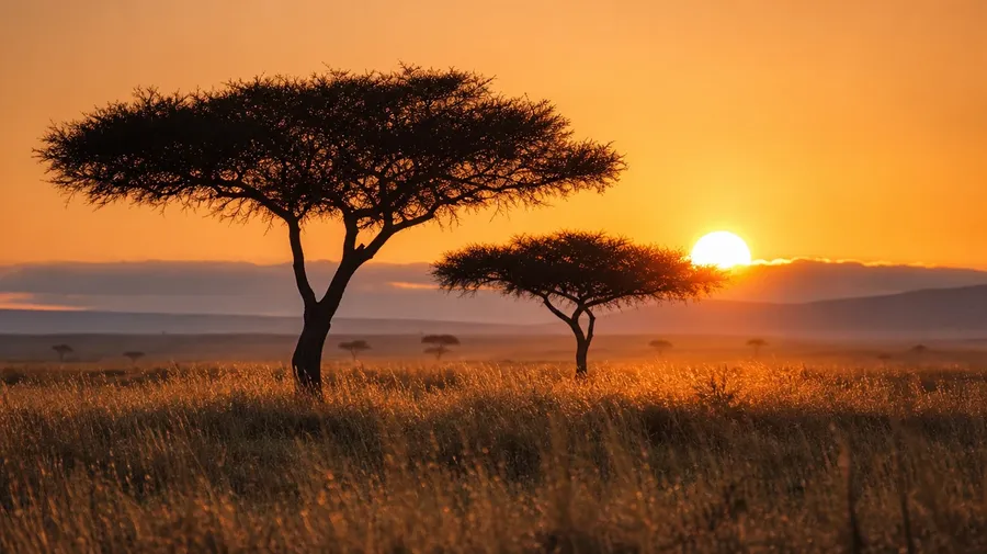 Sun cresting Maasai Mara horizon behind acacias, AI stock sunrise location image.