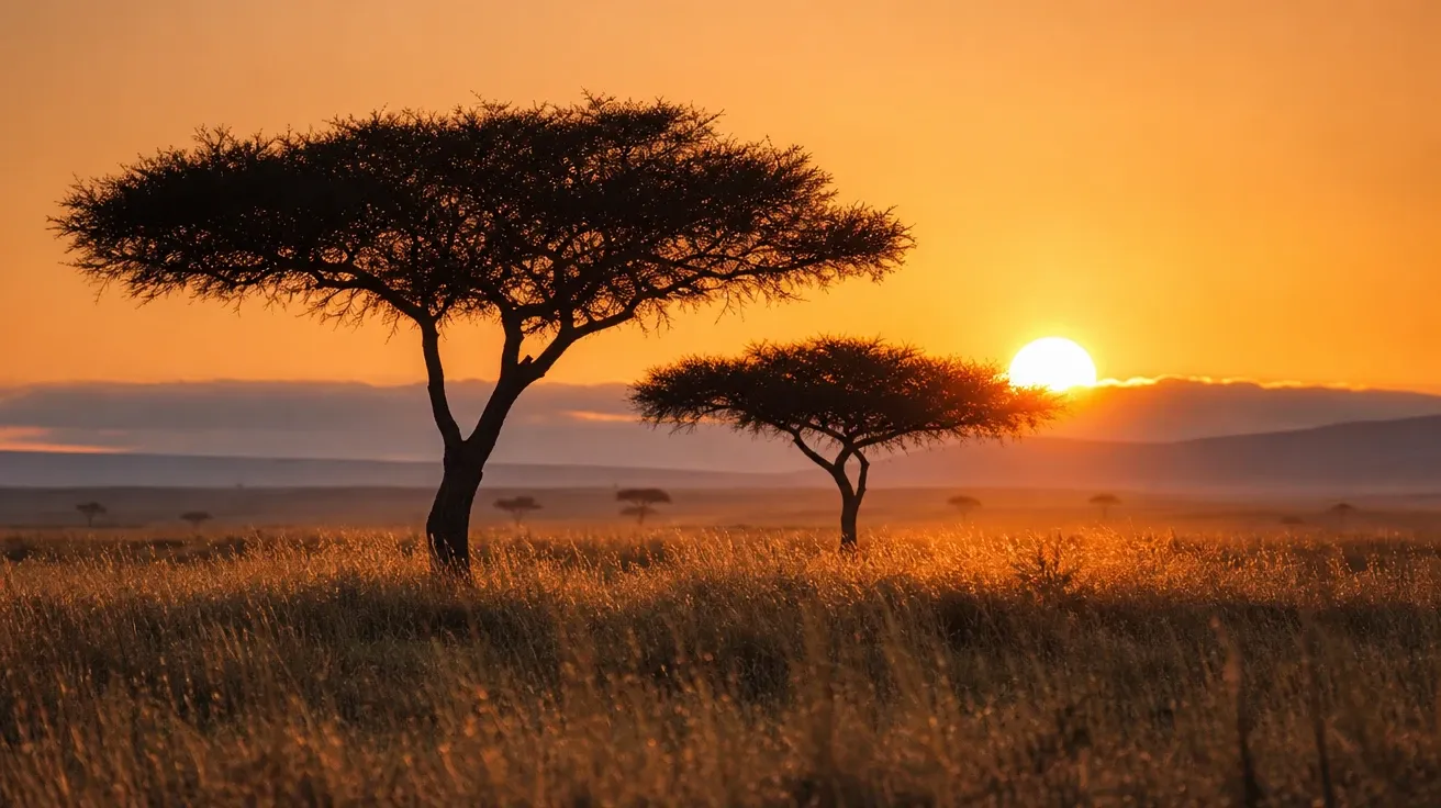 Sun cresting Maasai Mara horizon behind acacias, AI stock sunrise location image.