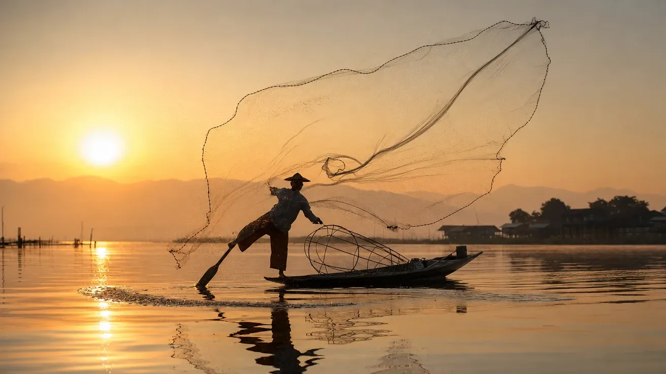 Burmese fisherman casting a circular net on Inle Lake at dawn, AI stock sunrise picture.
