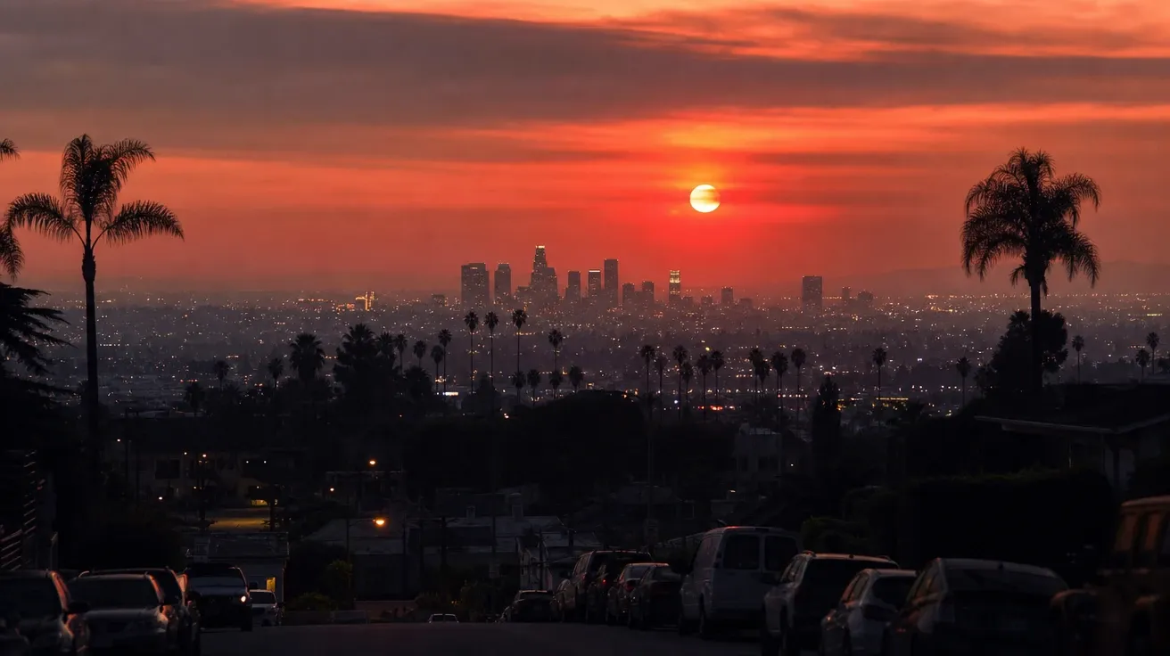 AI stock sunset picture: wildfire-haze sunset over Los Angeles in late September with palm tree silhouettes
