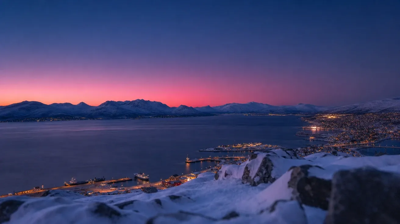 AI stock sunset picture: polar civil twilight over Tromsø with magenta band over the fjord