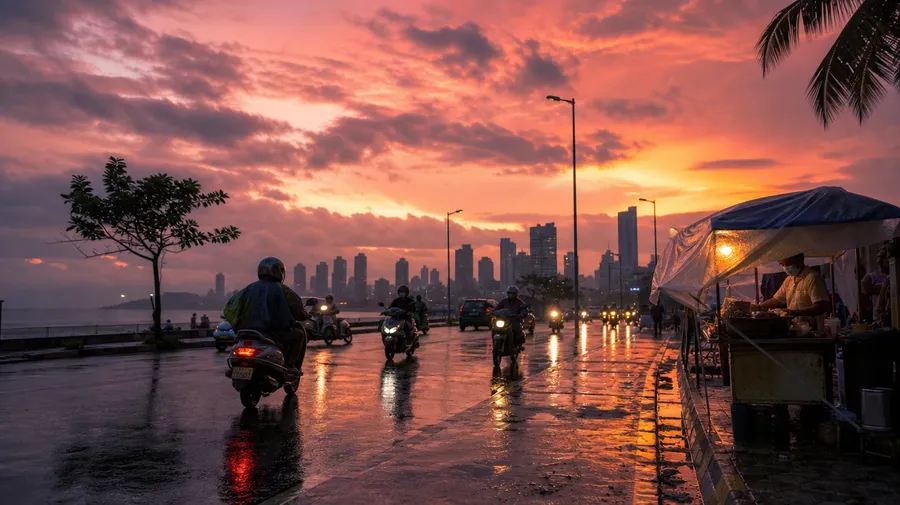 AI-generated sunset stock: monsoon afterglow over Mumbai with cloud-lit pink sky and wet streets