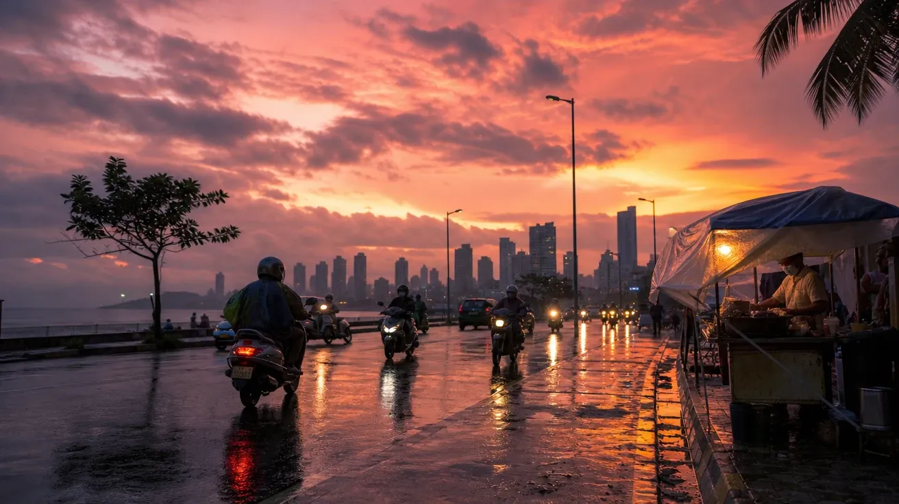 AI-generated sunset stock: monsoon afterglow over Mumbai with cloud-lit pink sky and wet streets