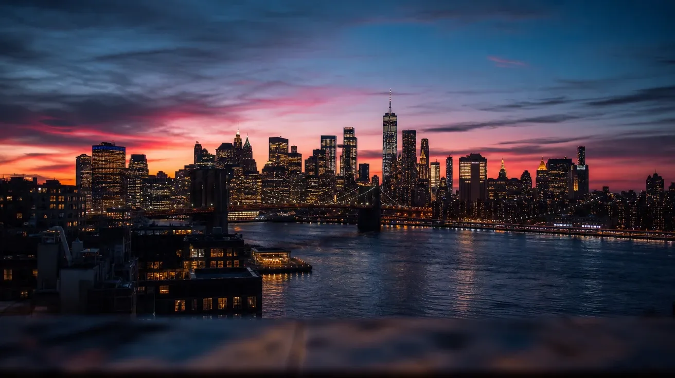 AI-generated sunset stock: blue-hour Manhattan from a Brooklyn rooftop with lit windows