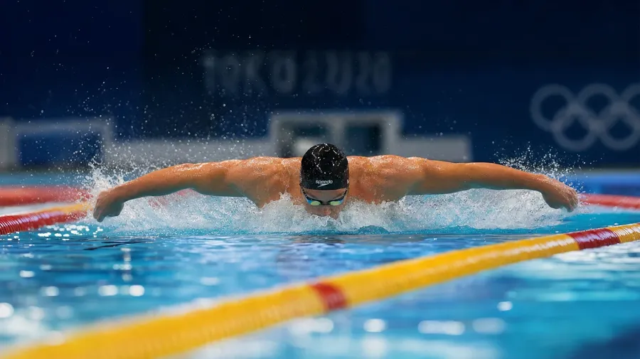 Olympic-level swimmer mid-butterfly stroke at full extension in a 50-meter pool, AI-generated swimming images.