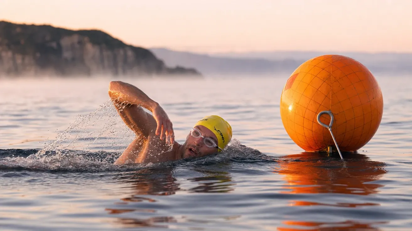 Open-water marathon swimmer rounding an orange buoy at sunrise, AI-generated swimming images stock.