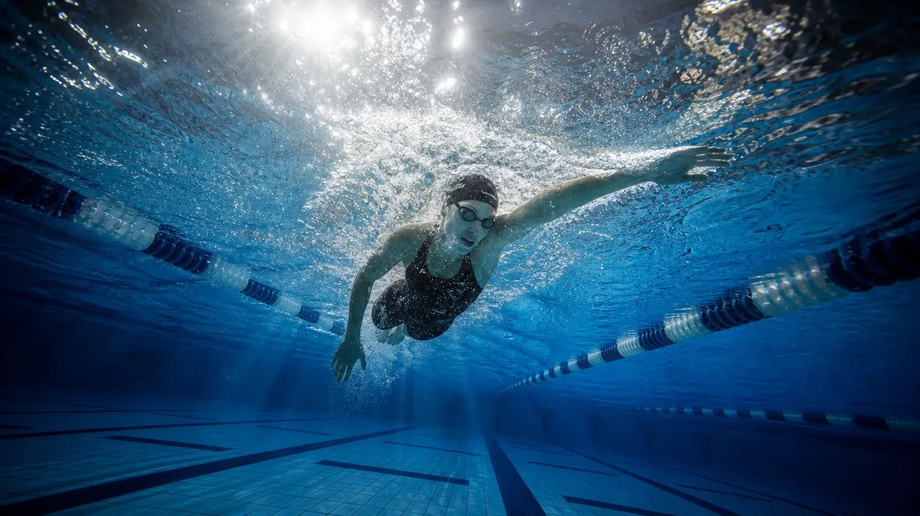 Underwater wide of a female swimmer mid-freestyle stroke with caustic light beams, AI-generated swimming images.