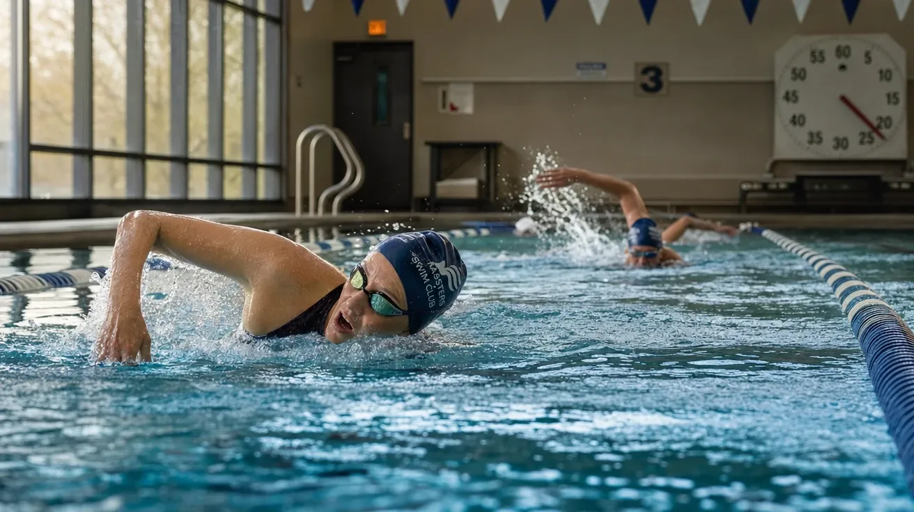 Adult masters swim club lane warmup at a community pool at early morning, AI-generated swimming images stock.