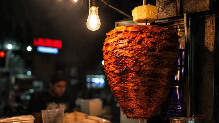 AI-generated al pastor trompo turning at a Mexico-City street stand at 9pm with pineapple top and hanging bulb.