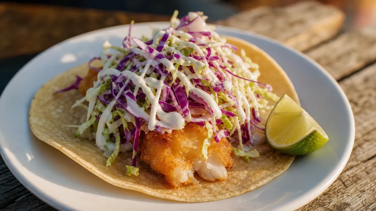 AI stock taco image of a Baja fish taco on a beach-town plate with shredded cabbage, crema drizzle, and lime.