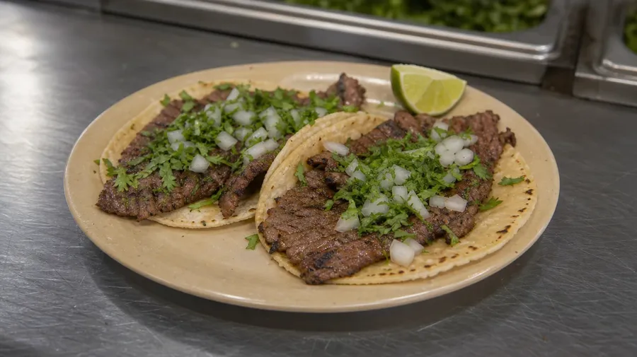 AI-generated Tijuana carne asada plate with two corn tortillas, charred beef, white onion, and cilantro.