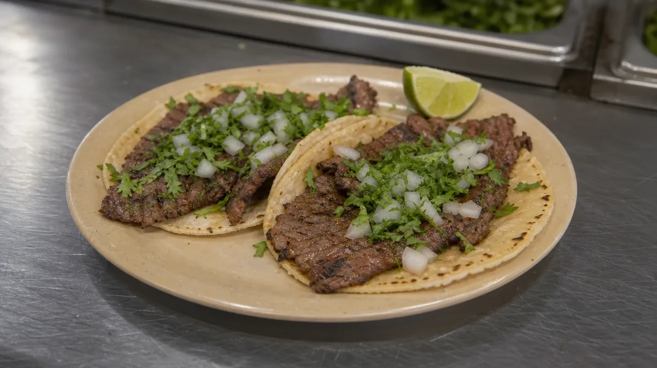 AI-generated Tijuana carne asada plate with two corn tortillas, charred beef, white onion, and cilantro.