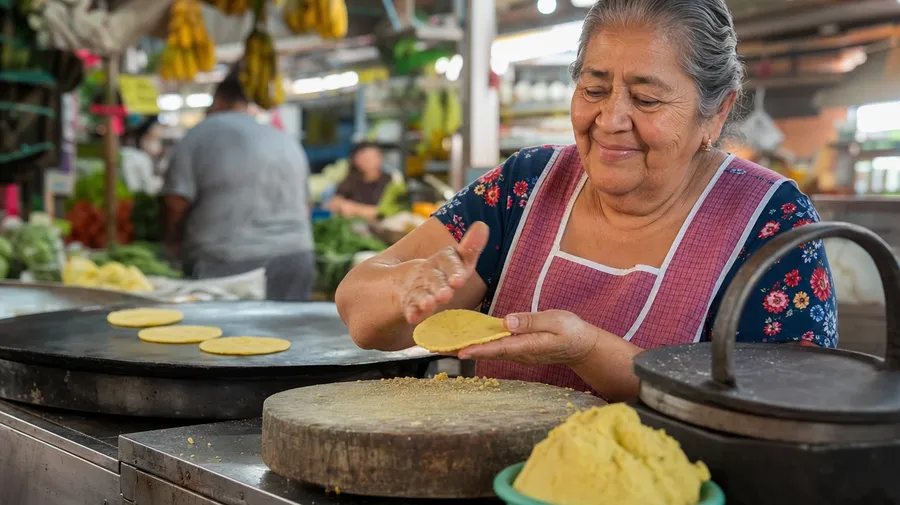 AI-generated abuela patting hand-pressed corn tortillas at a mercado counter beside a comal with warming tortillas.