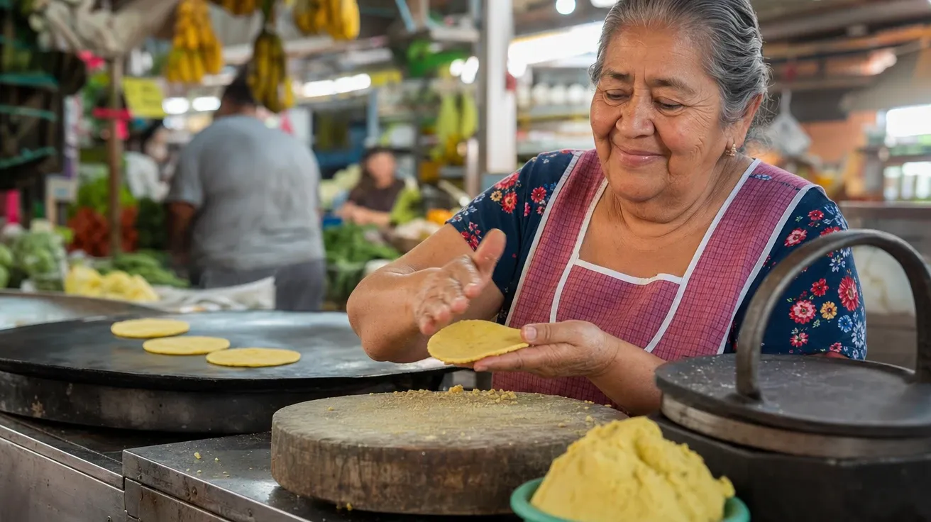 AI-generated abuela patting hand-pressed corn tortillas at a mercado counter beside a comal with warming tortillas.