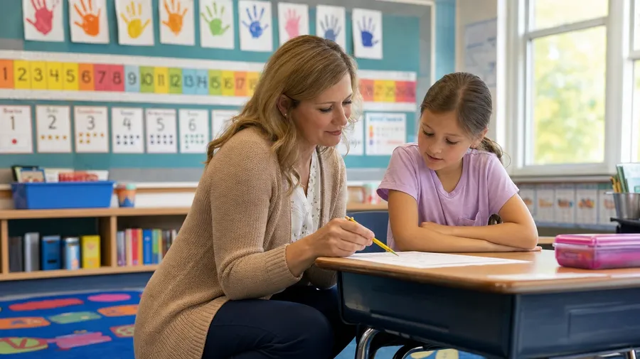 AI-generated second-grade teacher kneeling beside a child's desk pointing at a worked-out math problem on a worksheet.