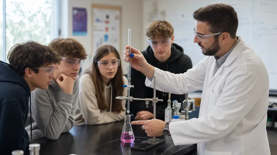 AI stock teacher image of a high-school chemistry teacher demonstrating a flask titration to four goggled students.
