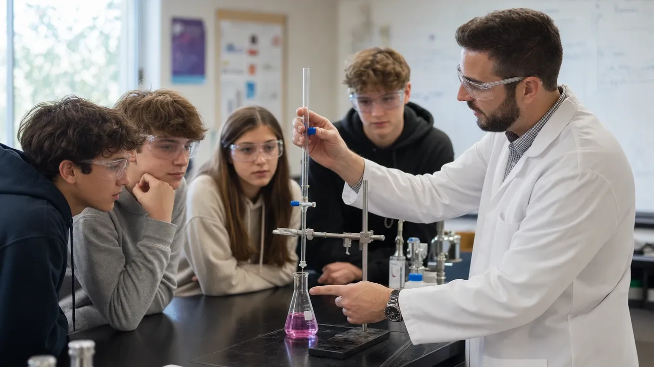 AI stock teacher image of a high-school chemistry teacher demonstrating a flask titration to four goggled students.