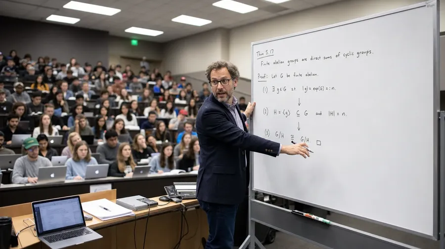 AI-generated university math professor at a whiteboard explaining a clearly-written proof to a packed lecture hall.
