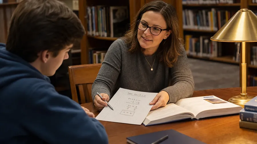 AI-generated tutor sliding a worked-out algebra example across a library table to a high-school student.