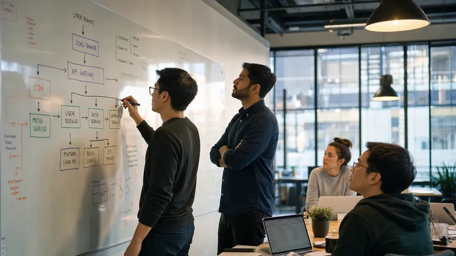 AI teamwork stock image of a software engineering team at a whiteboard sketching a system architecture diagram.