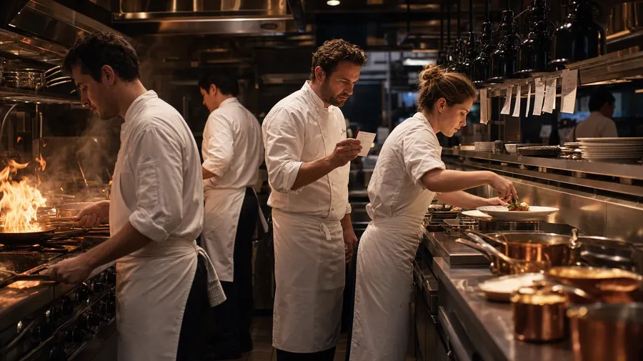 AI teamwork stock image of a kitchen line of cooks in white aprons working in tight choreography during dinner service.