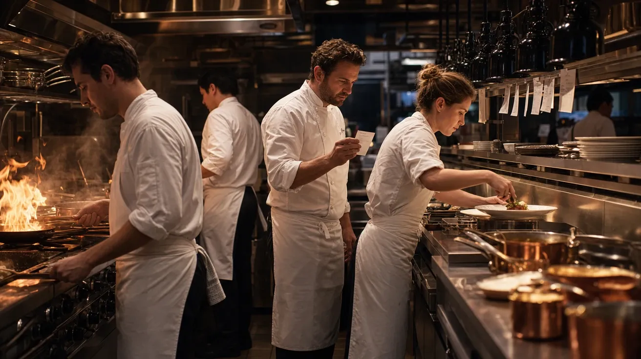 AI teamwork stock image of a kitchen line of cooks in white aprons working in tight choreography during dinner service.