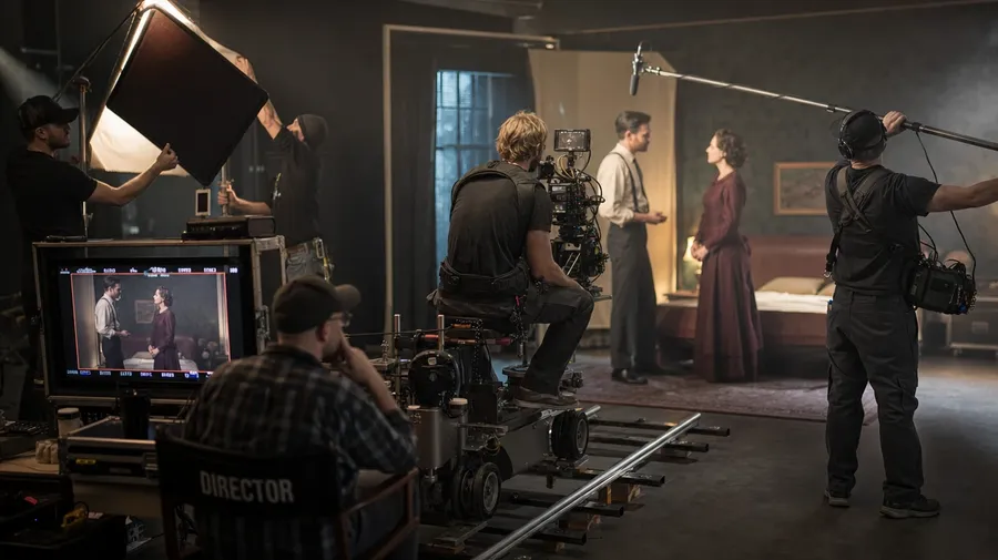 AI-generated teamwork stock photo of a film crew on a soundstage mid-take, director and DP and grips at work.