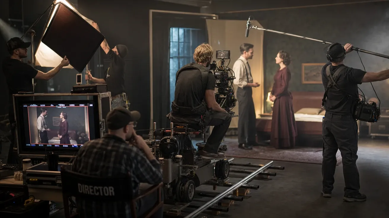 AI-generated teamwork stock photo of a film crew on a soundstage mid-take, director and DP and grips at work.