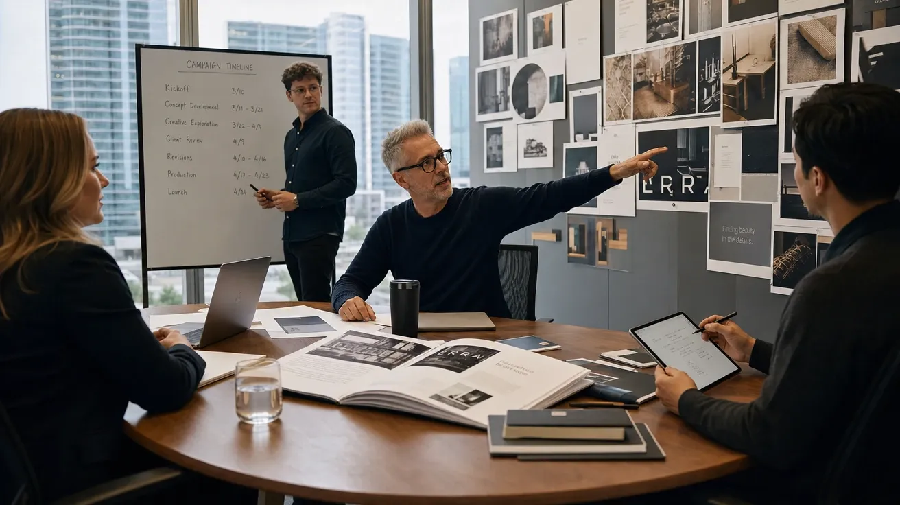 AI-generated teamwork stock photo of an ad agency partners' meeting in a glass conference room with mood boards.