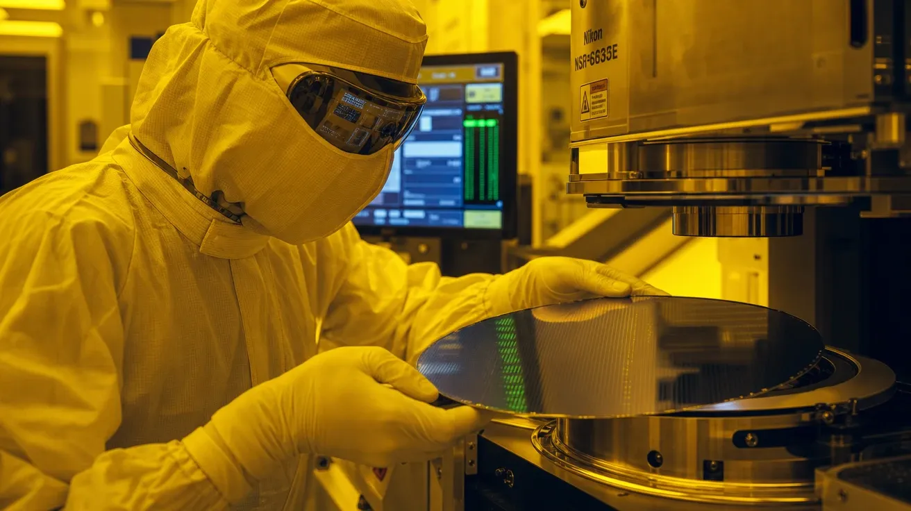 Fab technician in bunny suit aligning silicon wafer at EUV stepper, AI-generated technology images.