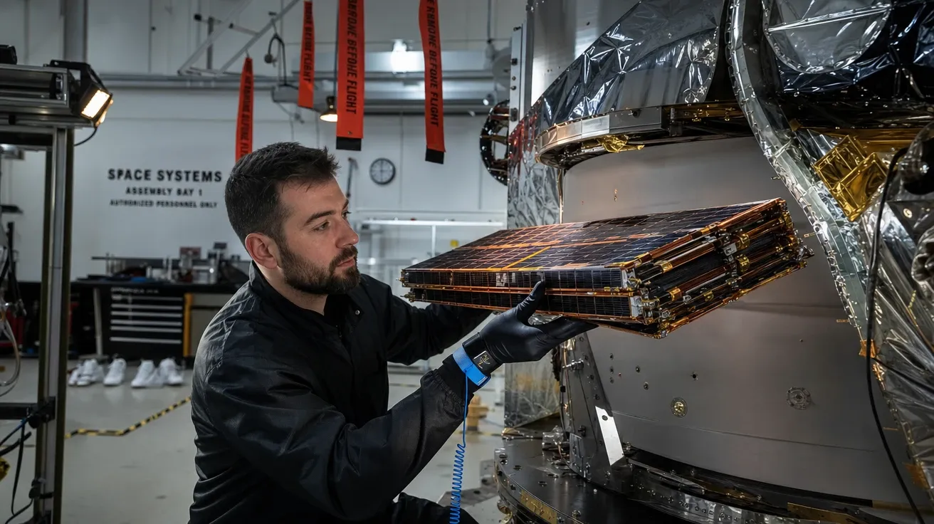 Aerospace engineer inspecting satellite at the assembly bay, AI stock technology device image.