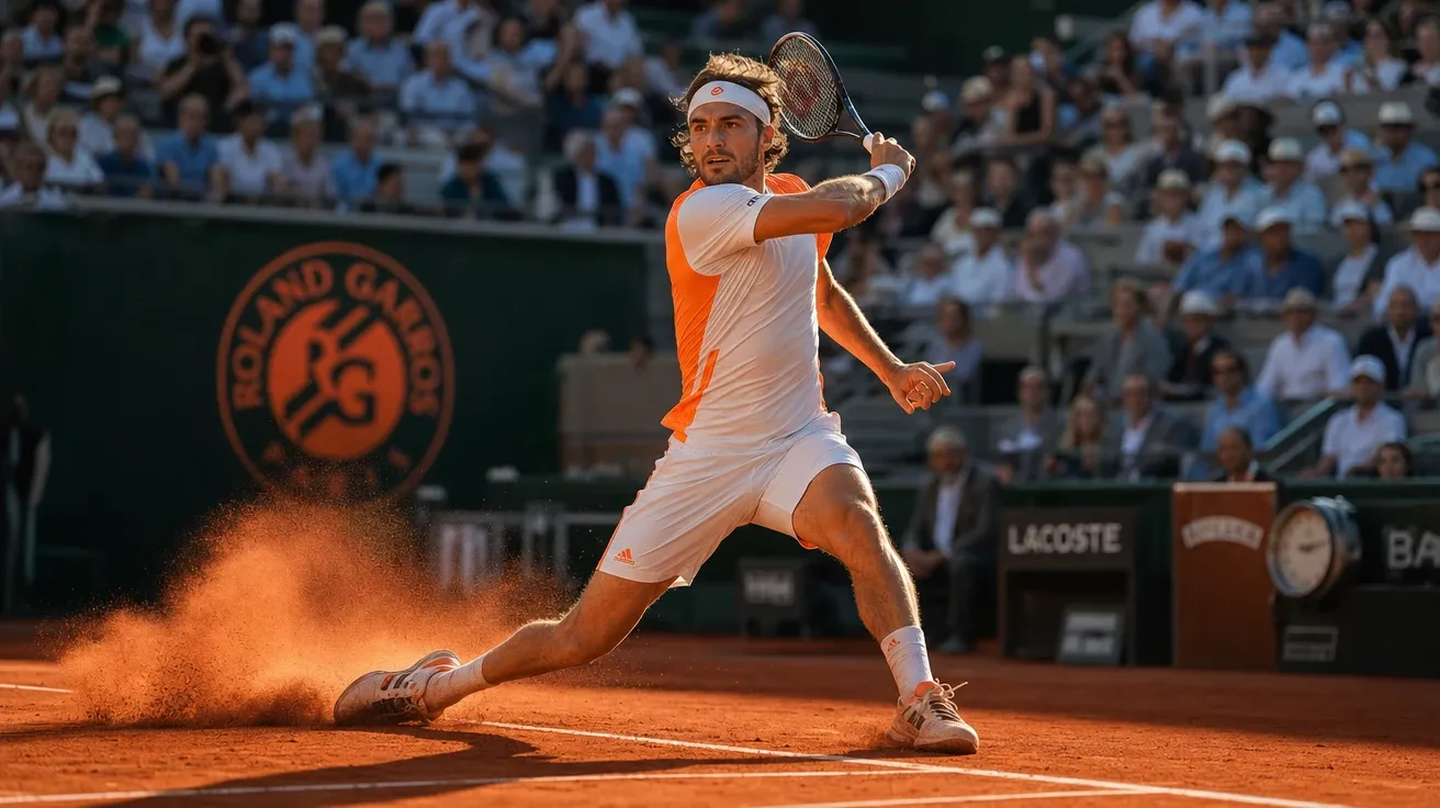 Tour-level forehand slide on the red clay of Roland-Garros in late afternoon, AI-generated tennis stock photo.