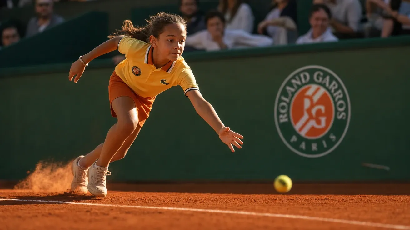 Ball kid sprinting to retrieve on the red clay of a Grand Slam show court at Roland-Garros, AI-generated tennis stock.