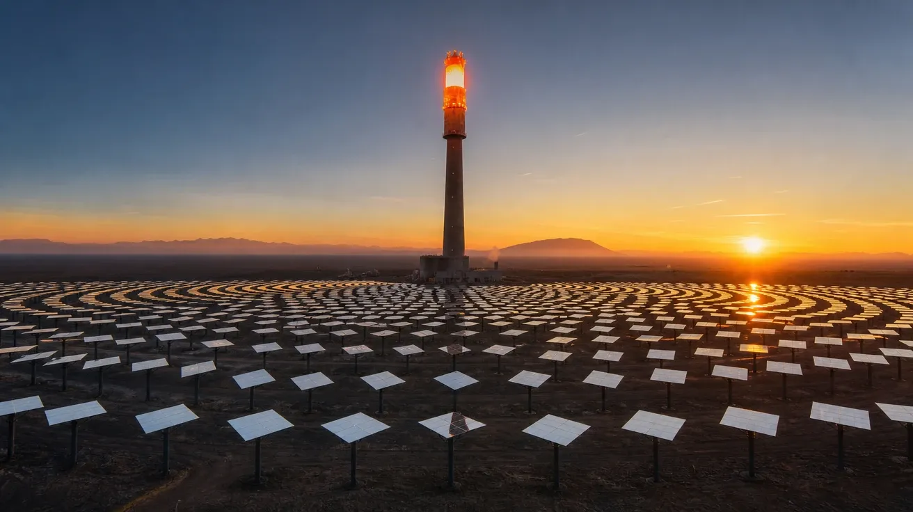 AI-generated concentrated-solar receiver tower ringed by heliostats at sunrise on the desert floor.
