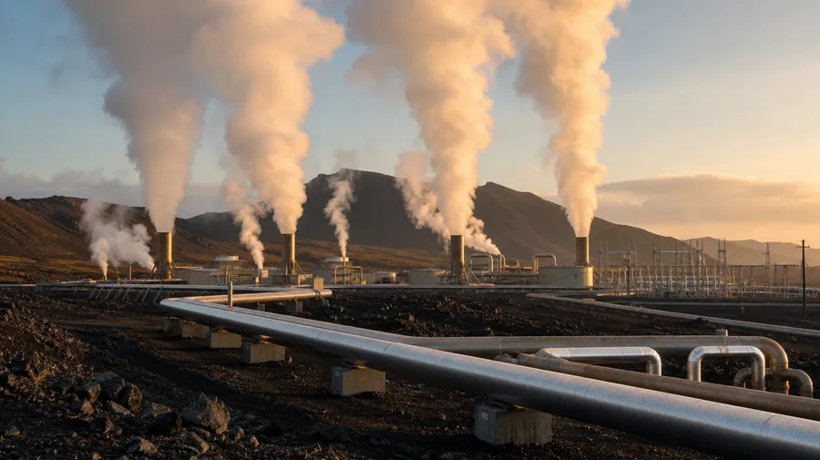 AI stock thermal energy image of a geothermal plant venting white steam against a black volcanic plain at golden hour.